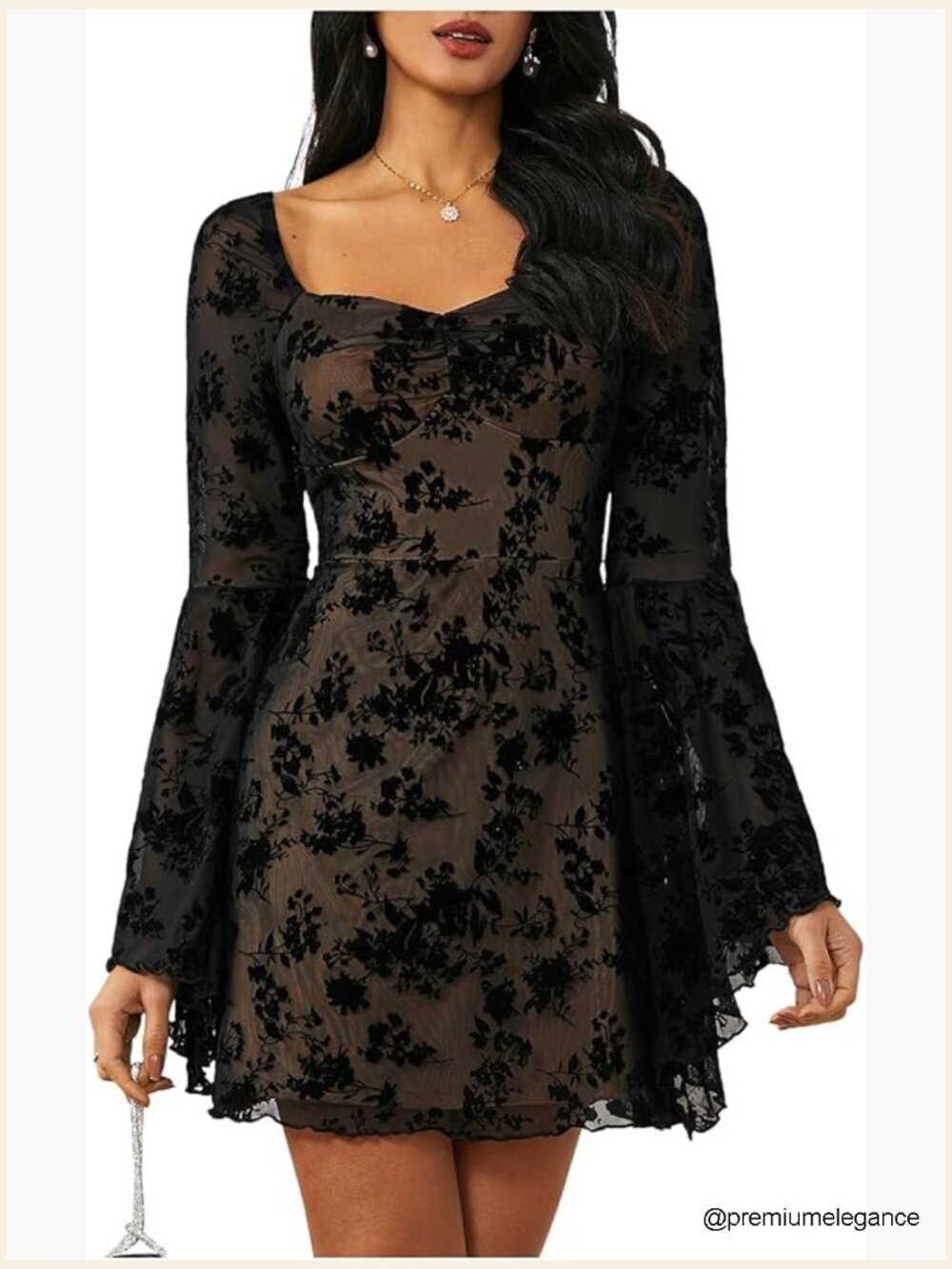 Floral Jacquard Mesh Gothic Dress, Bell Long Sleeve, A Line Vintage